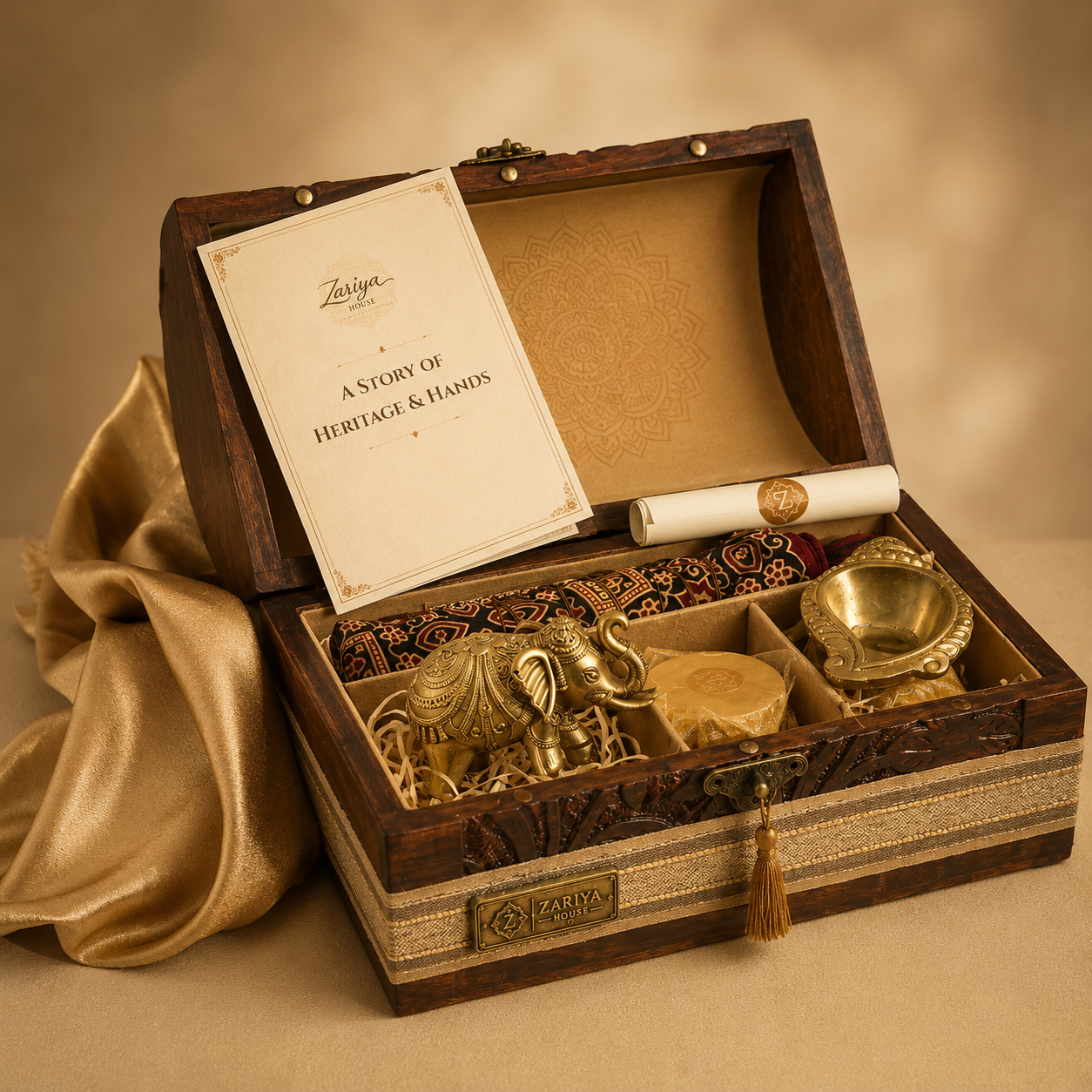 Zariya House Heritage Chest, open with artisanal treasures