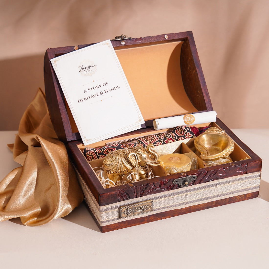 Zariya House Heritage Chest, open with artisanal treasures